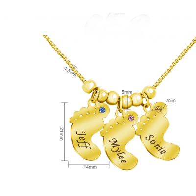 DIY stainless steel baby feet gift free engraved name 12 colorful diamond energy necklace